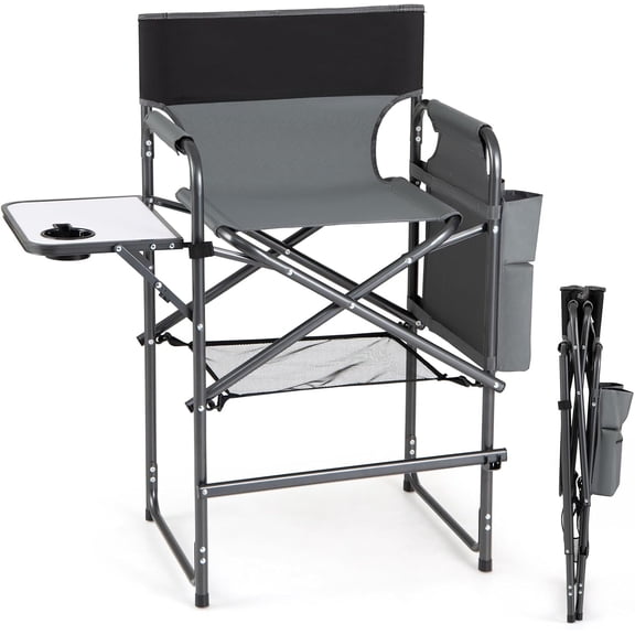 Folding Tall Director Chair, 26" Seat Height Portable Camping Chair | with Side Table, Cup Holders, Storage Pockets, Footrest, Compact Makeup Salon Chair Support 350 lbs