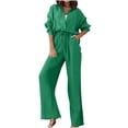thumbnail image 1 of Fgnfyis Women's Two Piece Outfits Set Long Si Button Down Shirt Blouse Top Drawstring Wide Leg Pants Solid Color Tracksuit Matching Sets Women Clothing Trousers Sets Green XXXL, 1 of 6