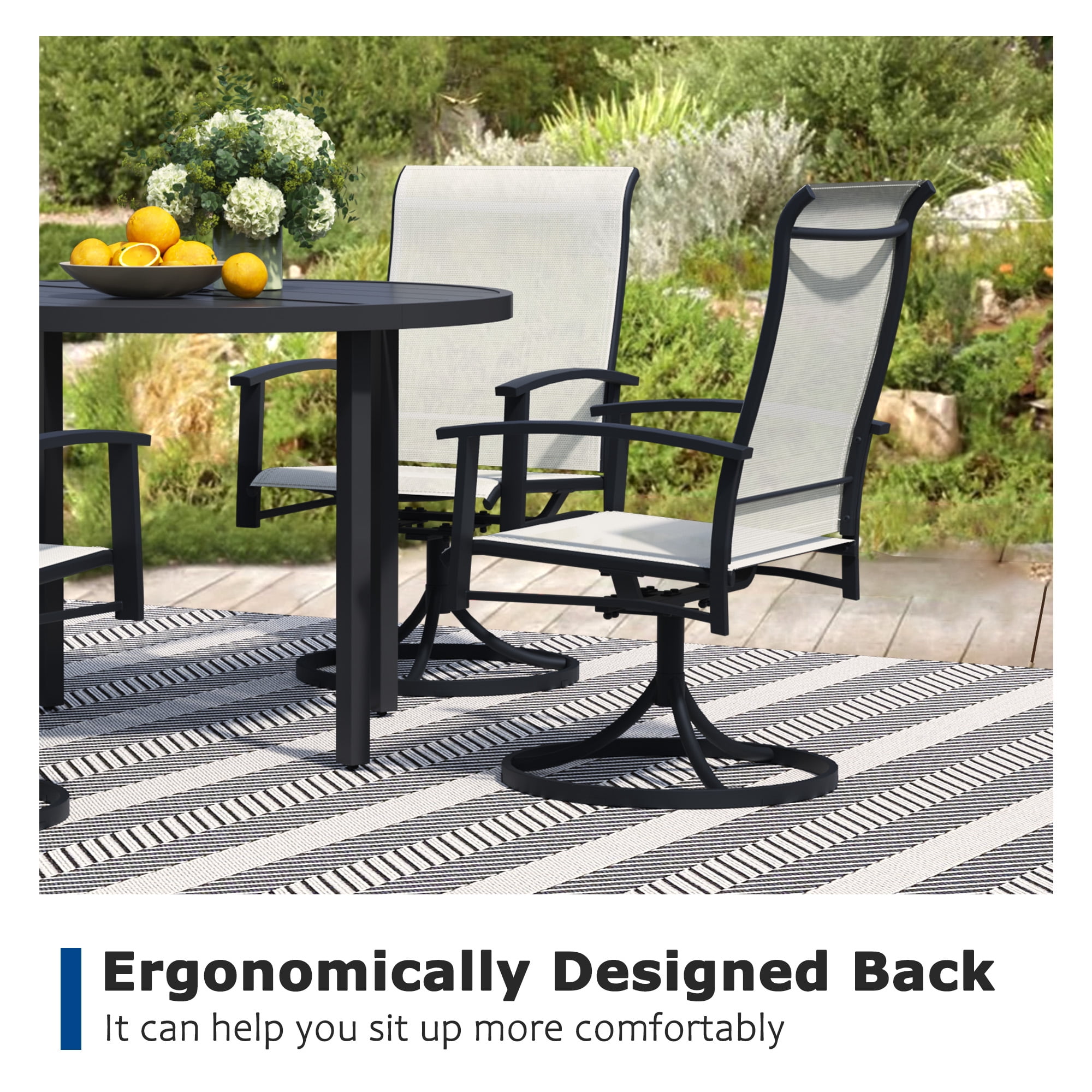 Swivel Patio Chairs Set of 2, Outdoor Metal Dining Armchairs, High Back Ergonomic Design, Beige