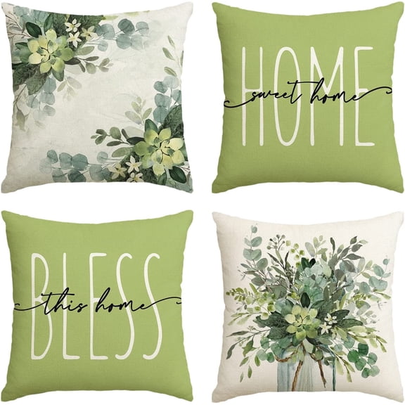 Home Sweet Home Eucalyptus Leaves Green Throw Pillow Covers, 20x20 Inch Spring Summer Seasonal Decorations for Home Set of 4