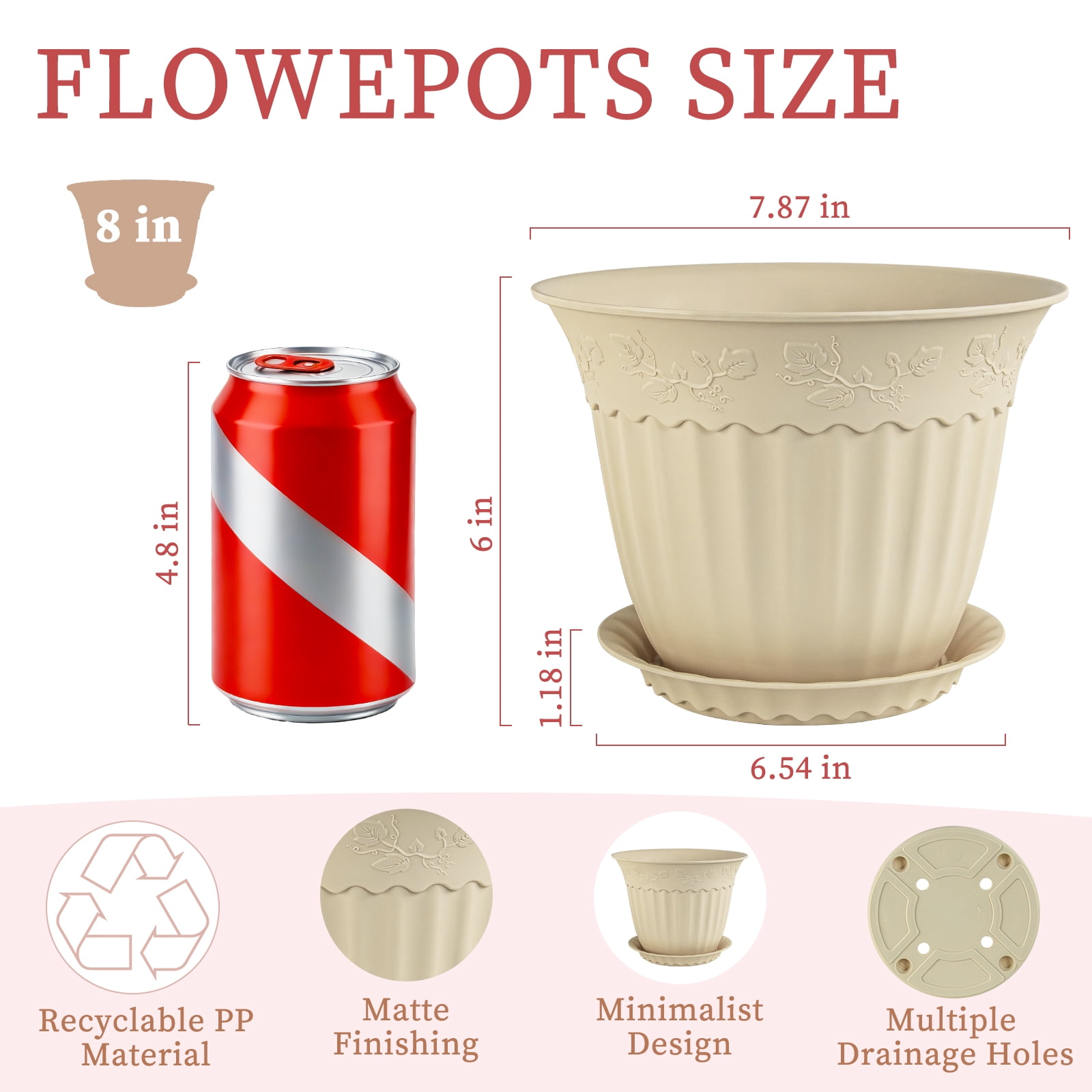 FIASON 6 Pack 8 Inch Beige Embossed Plastic Plant Pots, Vine Pattern Flower Planters with Drainage Holes and Saucers, Indoor Outdoor Decorative Plant Pots