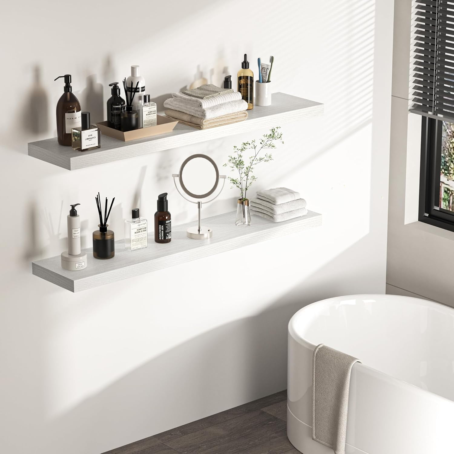 Rustic White Floating Shelves 48 Inch Wall Mounted Storage Shelf with Invisible Bracket for Home Decor