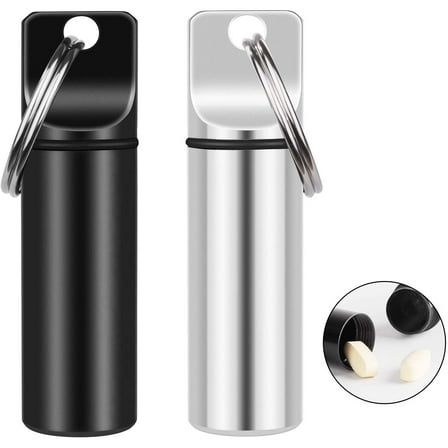 2 Pack Small Pocket Pill Box Keychain, Portable Mini Aluminium Alloy Pill Organizer Case Container for Purse, Waterproof Metal Pill Holder Medicine Bottle for Outdoor Camping Travel (Black & White)