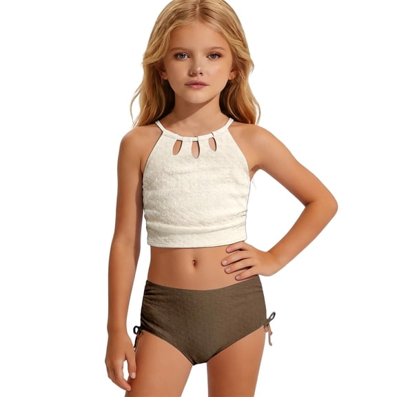 WERYOUNG Girl's Swimsuit Sets Sleeveless Scoop Neck Floral Print Backless Tops And Bottom Tankini Swimsuits Kids 2 Piece Swimwear Beach Party Soft Breathable Children Swim Wear