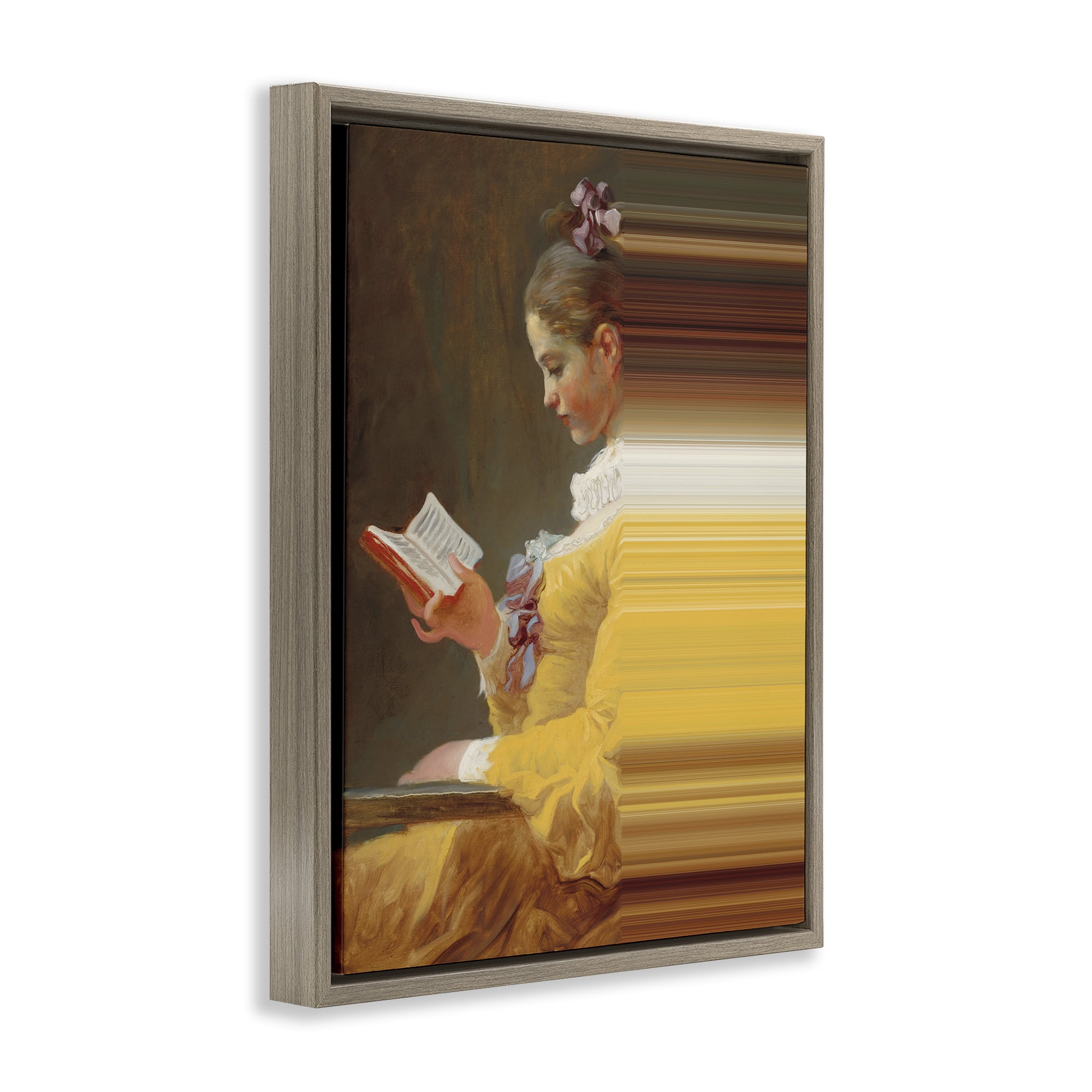 Vintage Lady Reading with Gradient Streaks Brown Framed Floater Canvas Wall Art, design by Seven Trees Design