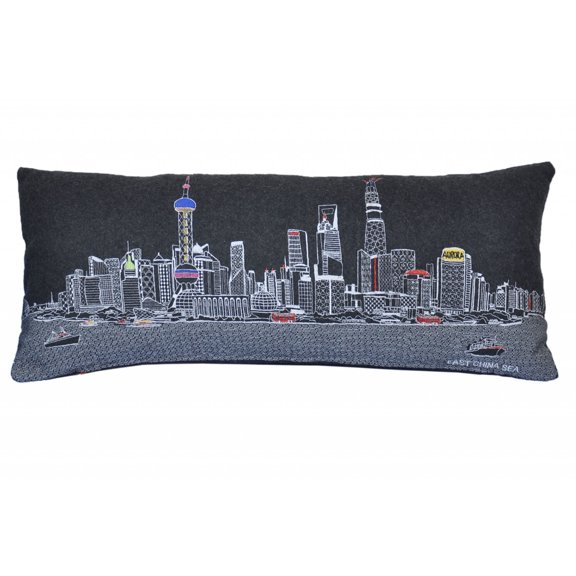 35" Black Shanghai  Nighttime Skyline Lumbar Decorative Pillow