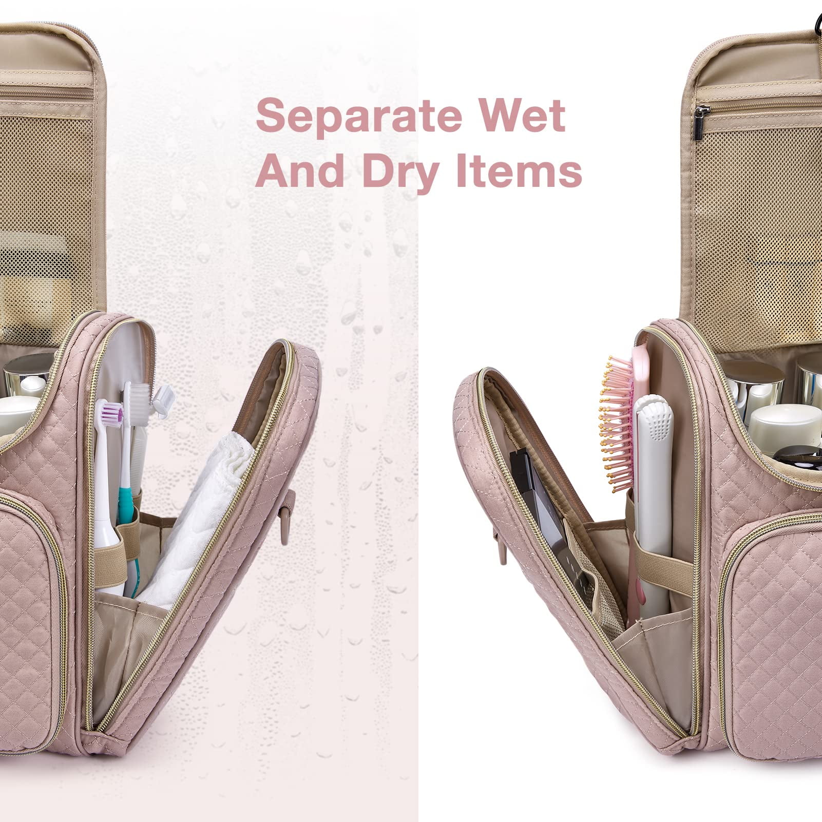 BAGSMART Extra Large Travel Toiletry Bag, Water-resistant Makeup Cosmetic Bag with Hanging Hook, Travel Toiletries Accessories Organizer Essentials, Full Sized Container, Pink