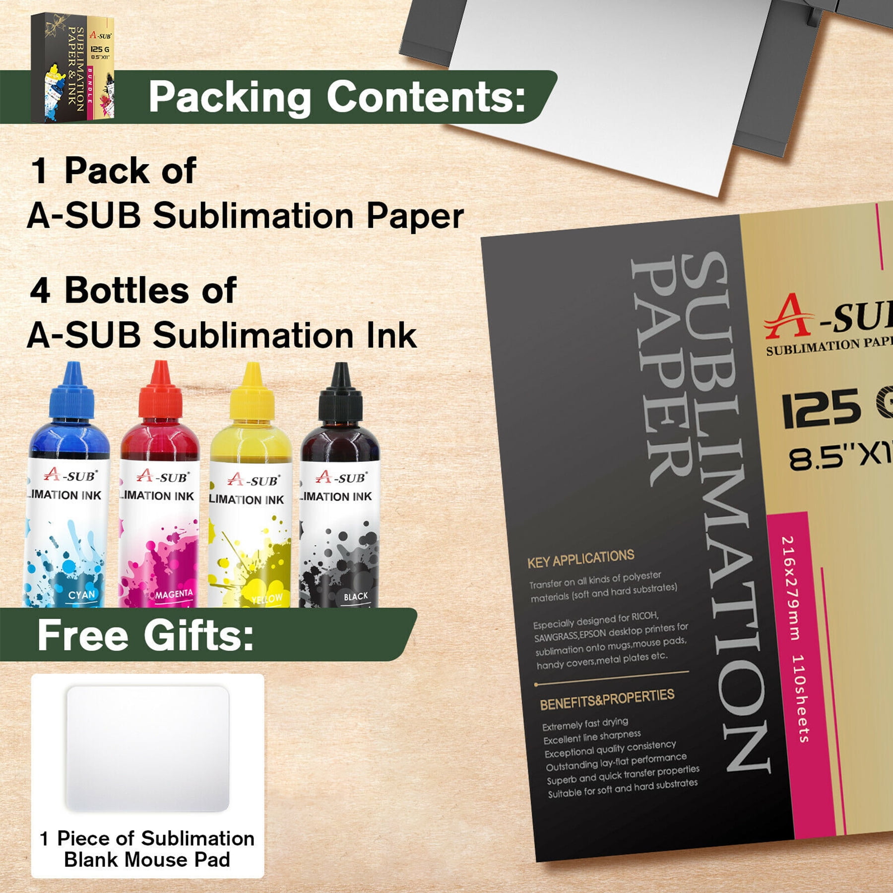 Sample Pack A-SUB Dye Sublimation Paper 125g 8.5x11 Inkjet Printer