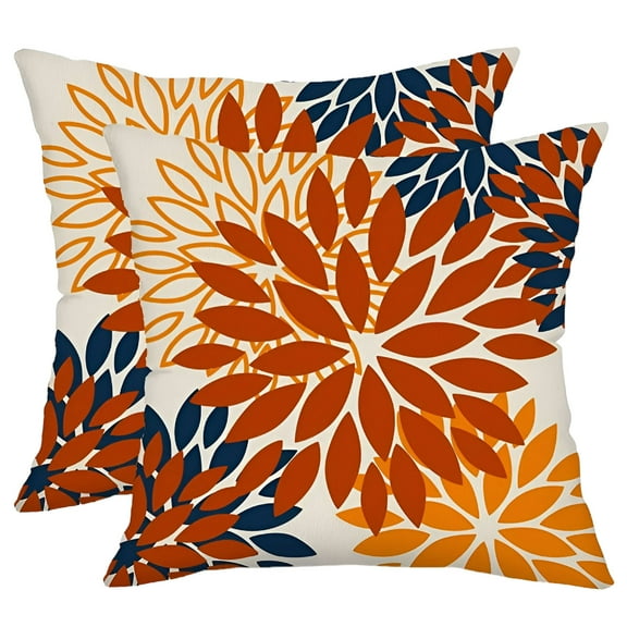 LAMIRO Orange Blue Flower Pillow Covers 20x20" Set of 2 Fall Throw Pillows Outdoor Waterproof Decor for Living Room Sofa Patio Furniture Garden Floral Linen Cushion Case