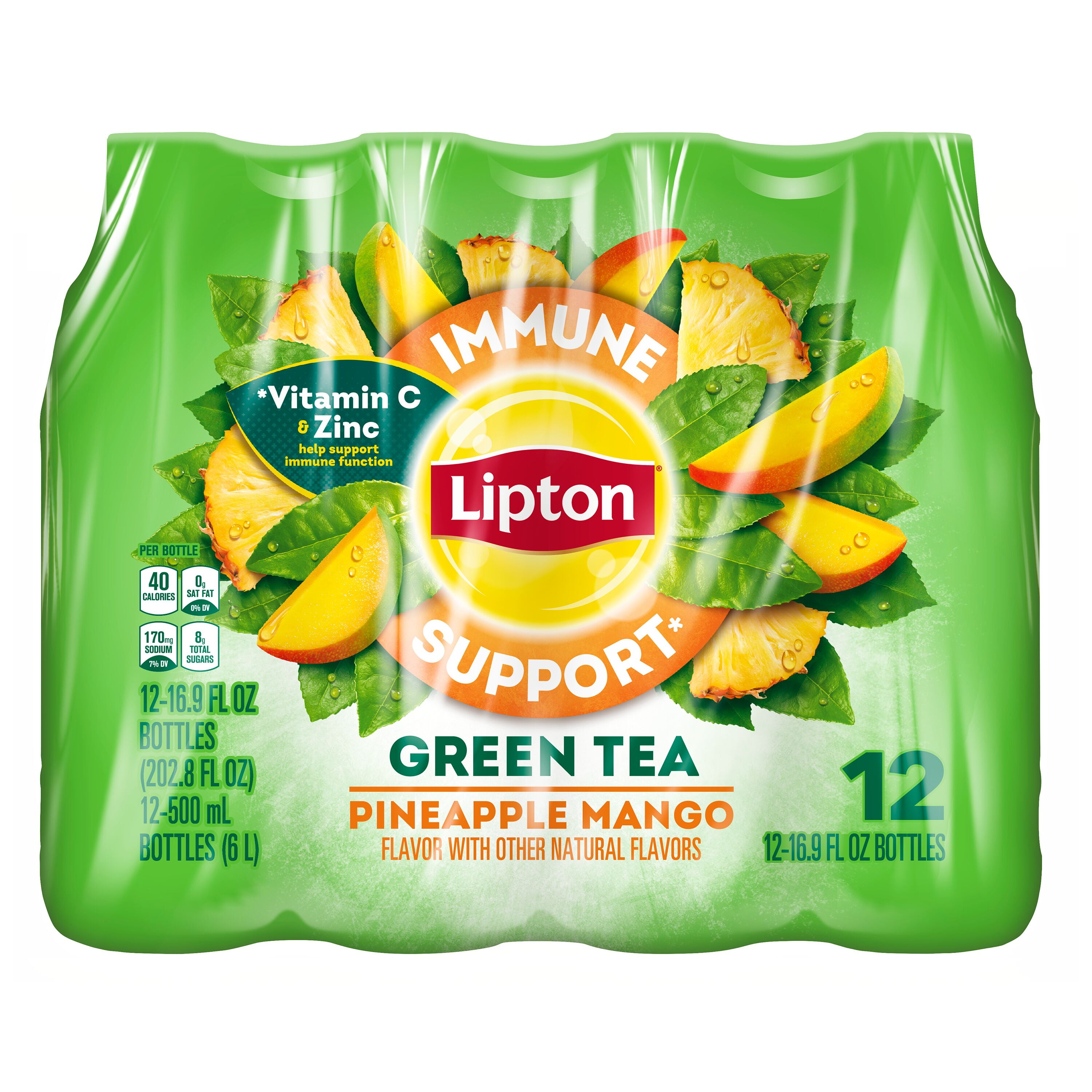 Lipton Iced Tea Immune Support Pineapple Mango Green Tea 16.9 Fl Oz, 12 Count