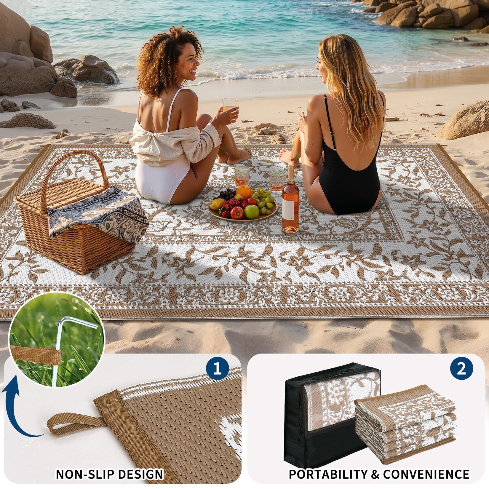 Soonbuy 9x12 FT Outdoor Rug, Waterproof Reversible Plastic Straw Outdoor Patio Rug, Botanical Grove Vintage Cottage Outdoor Area Rug Carpet for RV, Deck, Picnic, Beach, Backyard