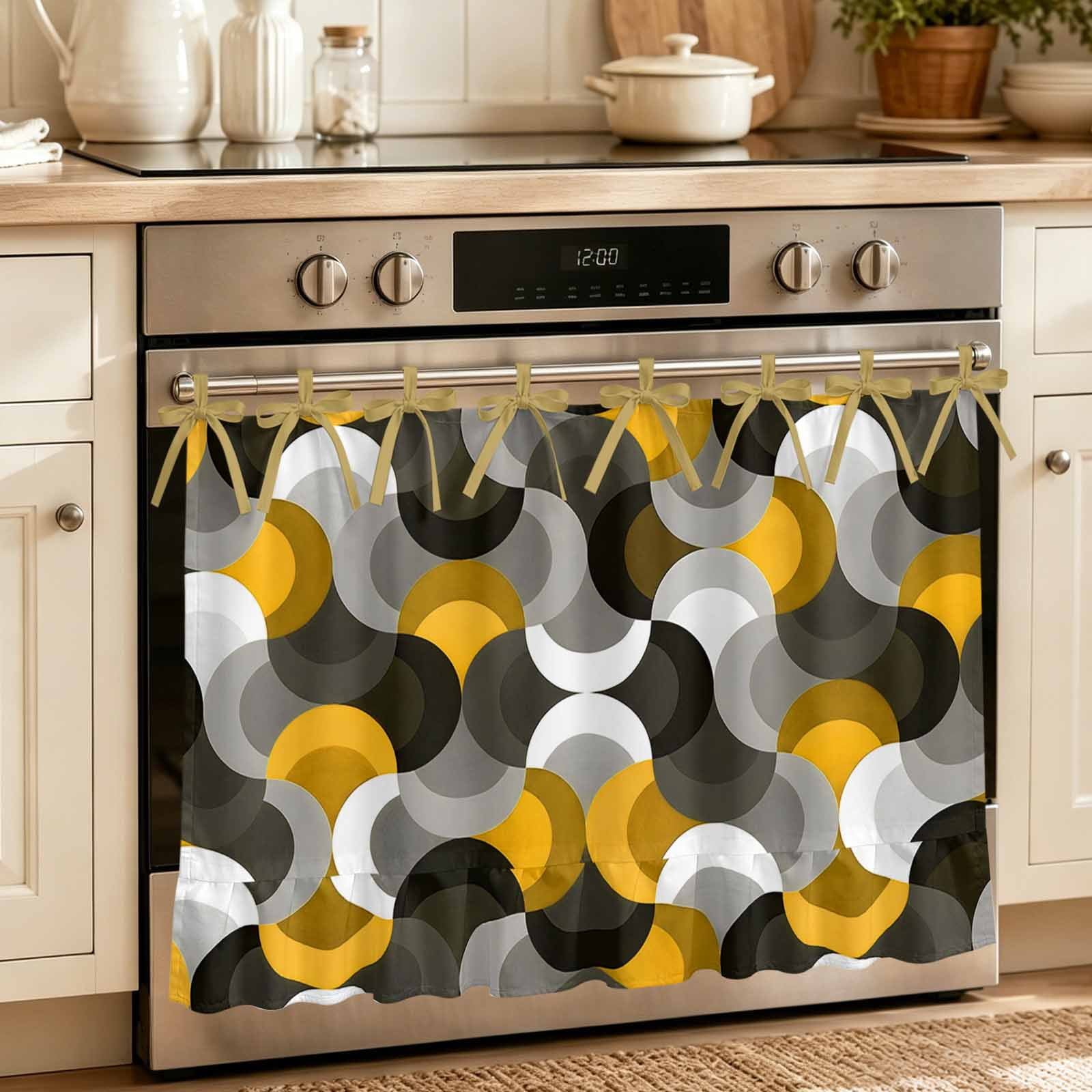 Oven Skirt Curtain for Kitchen 24x32 Inch Yellow Grey Abstract Oven Curtain with 8 Ribbon Ties & Ruffle Trim Stove Skirt Curtain Dishwasher for Cabinets Over Sinks Modern Geometric Ombre Artwork