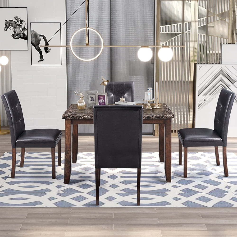 Kepooman 5-Piece Faux Marble Dining Table Set with 4 Thicken Cushion Chairs for Kitchen, Brown & Black Kepooman 5-Piece Faux Marble Dining Table Set with 4 Thicken Cushion Chairs for Kitchen, Brown & Black