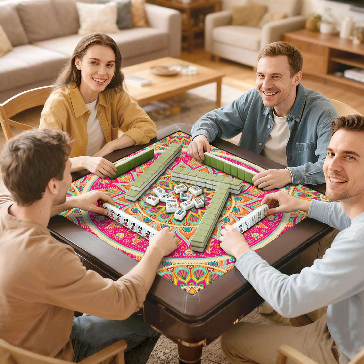 Mandala Mahjong Mat for Table, 31.5*31.5in Anti Slip American Mahjong Table Cloth, Noise Reduction, Neoprene Mah jongg Mat with Carrying Bag & 3 Dices, Mahjong Accessories Gift, Board Tile Games Mats