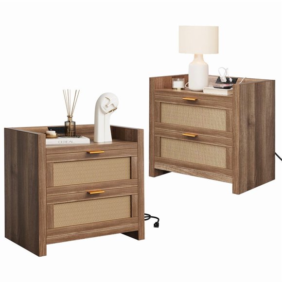 Night Stand Set of 2, 23.6" Boho Rattan Nightstands with Charging Station, 2 Drawers Modern Bedside Table for Bedroom, Living Room, Hallway