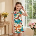 thumbnail image 4 of ZIATUBLES Vintage Hippie Floral Print Girls Romper Summer Casual Ruffle Trim Round Neck Short Jumpsuit Elastic Waist Kids One-Piece Playsuit with Pockets for 11-12 Y, 4 of 6