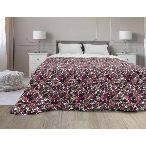 Floral Down Alternative Comforter, Ornamental Graphical Hand Drawn Abstract Repeated Flowers Petals Pattern, Microfiber Quilt for All Season, 5 Sizes, Raspberry Multicolor, by Ambesonne
