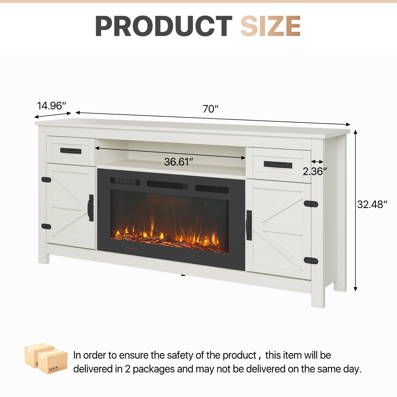 Sonegra 70" Fireplace TV Stand, Entertainment Center for TVs Up to 80”, TV Console with Storage Cabinets, Media Console for Living Room, White TV Stand and Black Fireplace