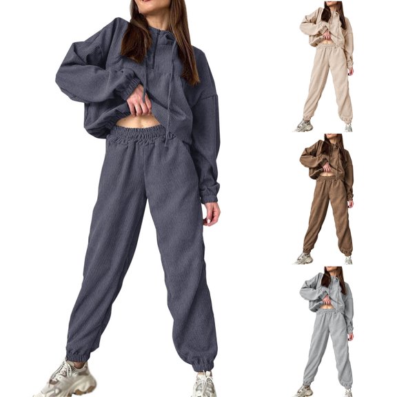 USSUMA Two Piece Sweat Sets for Women Hoodie for Women Long Sleeved Pullover Sweatpant Outfits 1/4 Zipper Drawstring Solid Tracksuit Stretch Waist Leisure Jogger Sets Plus Size Hiking Fall Suit