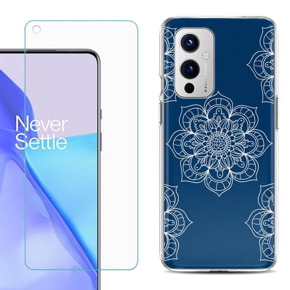 Slim-Fit TPU Phone Case Compatible with OnePlus 9 5G, with Tempered Glass Screen Protector, by OneToughShield ® - Mandala / Blue