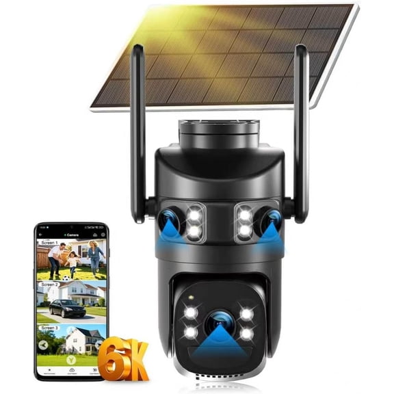 8MP 6K Triple Lens Solar Camera Outdoor, 5GHz/2.4GHz WiFi PTZ Camera, Color Night Vision, Auto Human , Two-Way Audio,IP66 Weatherproof Cam