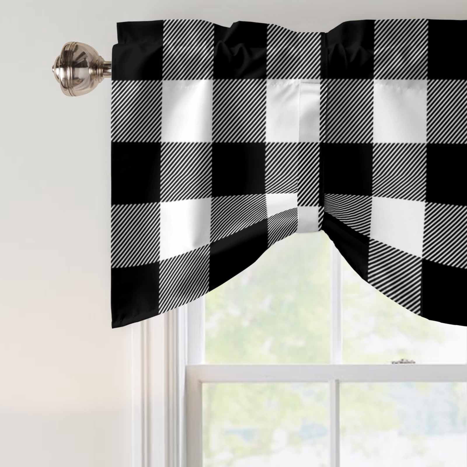Black White Buffalo Plaid Tie Up Valances Curtain, Adjustable Kitchen Modern Abstract Valances for Windows Decor, Rod Pocket Short Curtains Set for Bedroom/Bathroom, 60"x18"