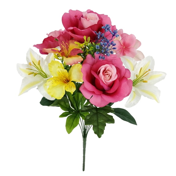 Mainstays 21.5in Outdoor Artificial Cemetery Floral Bouquet, Rose and Lily, Pink and White Color.