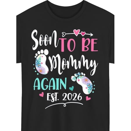 Soon To Be Mommy Again Est 2026 Pregnancy Announcement T-Shirt Floral Footprints Cute Maternity Top Retro Style New Mother Gift