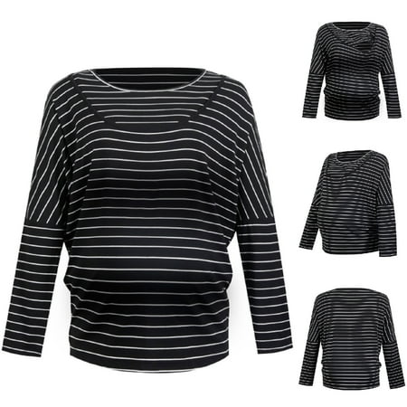 

QISIWOLE Maternity Long Sleeve Stripe Round-Neck Breast-Feeding Pregnant Nursing Blouse Tops clearance under $10 !