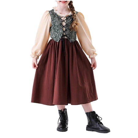 TEAJOPSUU Girls Oktoberfest Dresses Traditional Dirndl Dresses German Bavarian Dress Long Sleeve Round Neck Ankle Dress 5-12Y Coffee