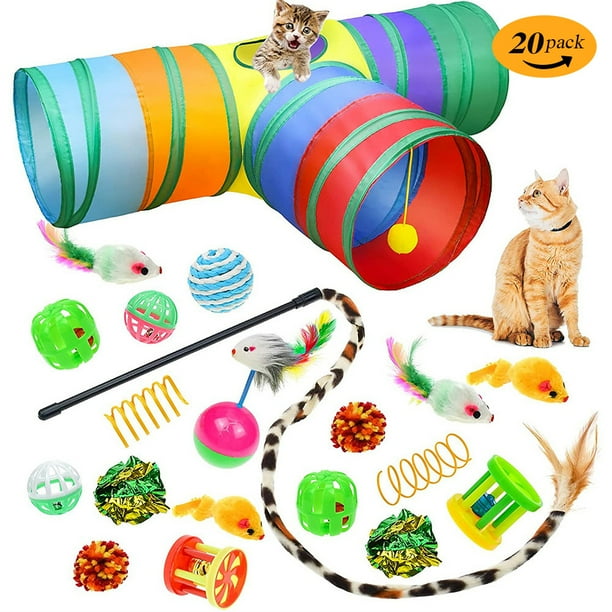Coloody 20PCS Cat Kitten Toys Set Collapsible Cat Tunnels for Indoor Cats Interactive Cat Feather Toy Fluffy Mouse Crinkle Balls Cat 3 Way Tube Tunnel Toys for Cat Puppy Kitty Kitten Rainbow B