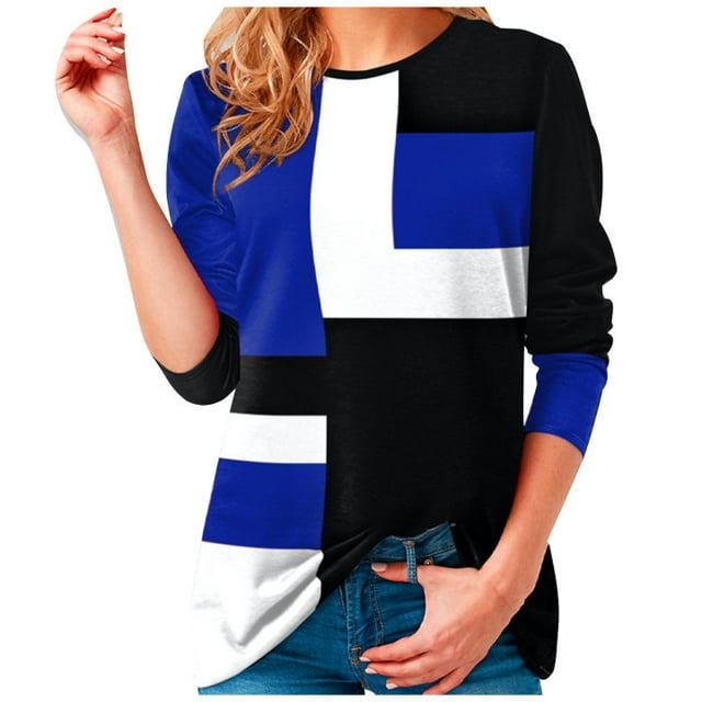 RKSTN Womens Couleur Bloc Printemps Automne Patchwork Imprimé Manches Longues Col Rond Casual Pull-Shirt