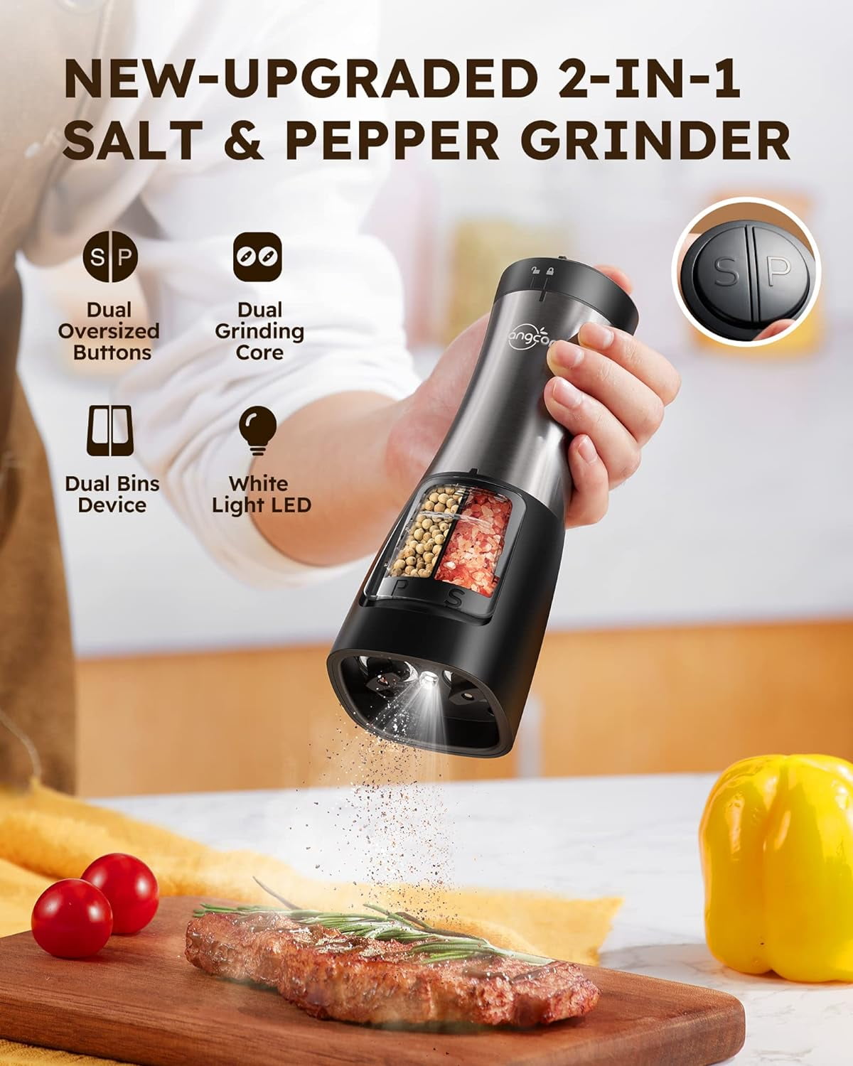 2-in-1 Electric Salt and Pepper Grinder Set with LED Light & Dual Ceramic Grinders for Kitchen Spice Seasoning