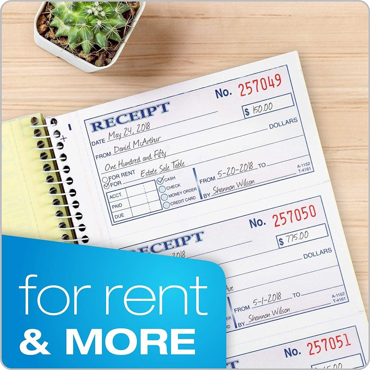 Adams Money and Rent Receipt Book, 2-Part Carbonless, 5-1/4" x 11", Spiral Bound, 200 Sets per Book, 4 Receipts per Page, Sold as 5 Pack, 1000 Sets Total SC1152