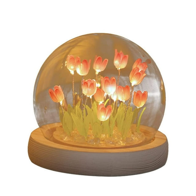 Lámpara de ambiente de escritorio con luz de noche de cristal con forma de tulipán y cubierta de cristal de 9 flores de cuatro colores