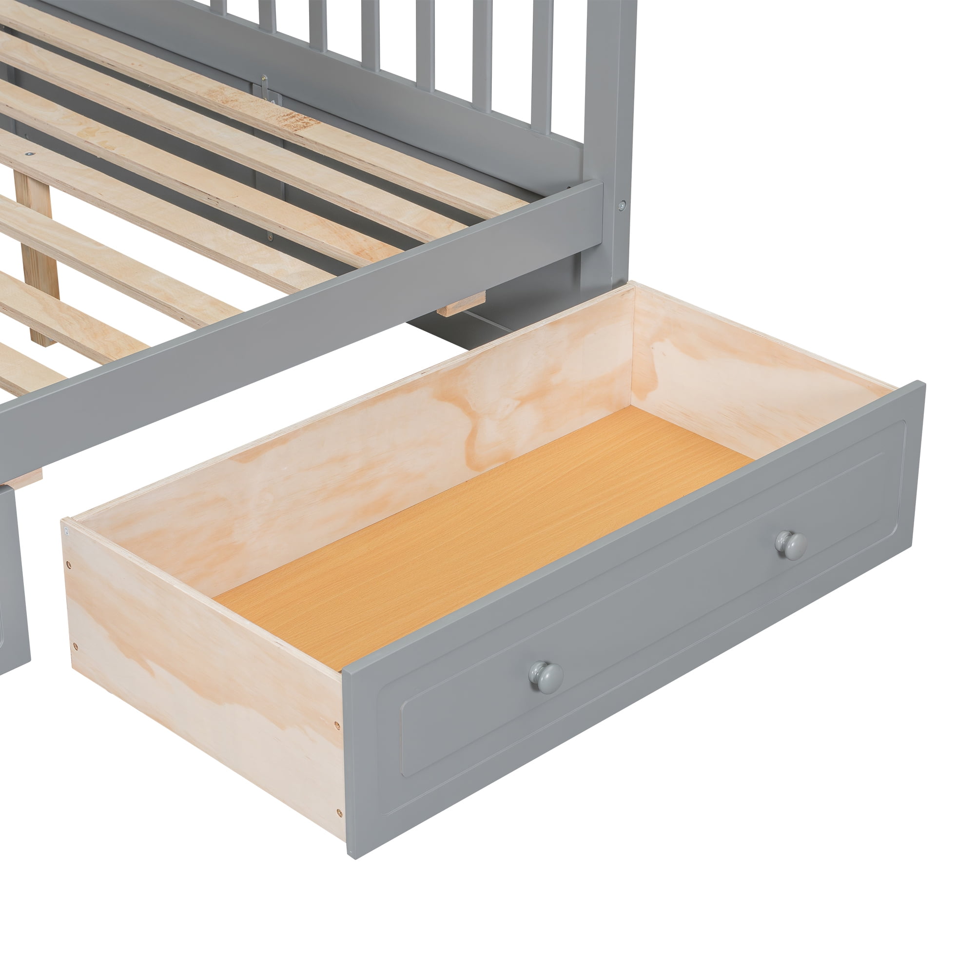 Euroco Wood Twin over Full Bunk Bed with Drawers, Convertible Two Beds in One, Gray