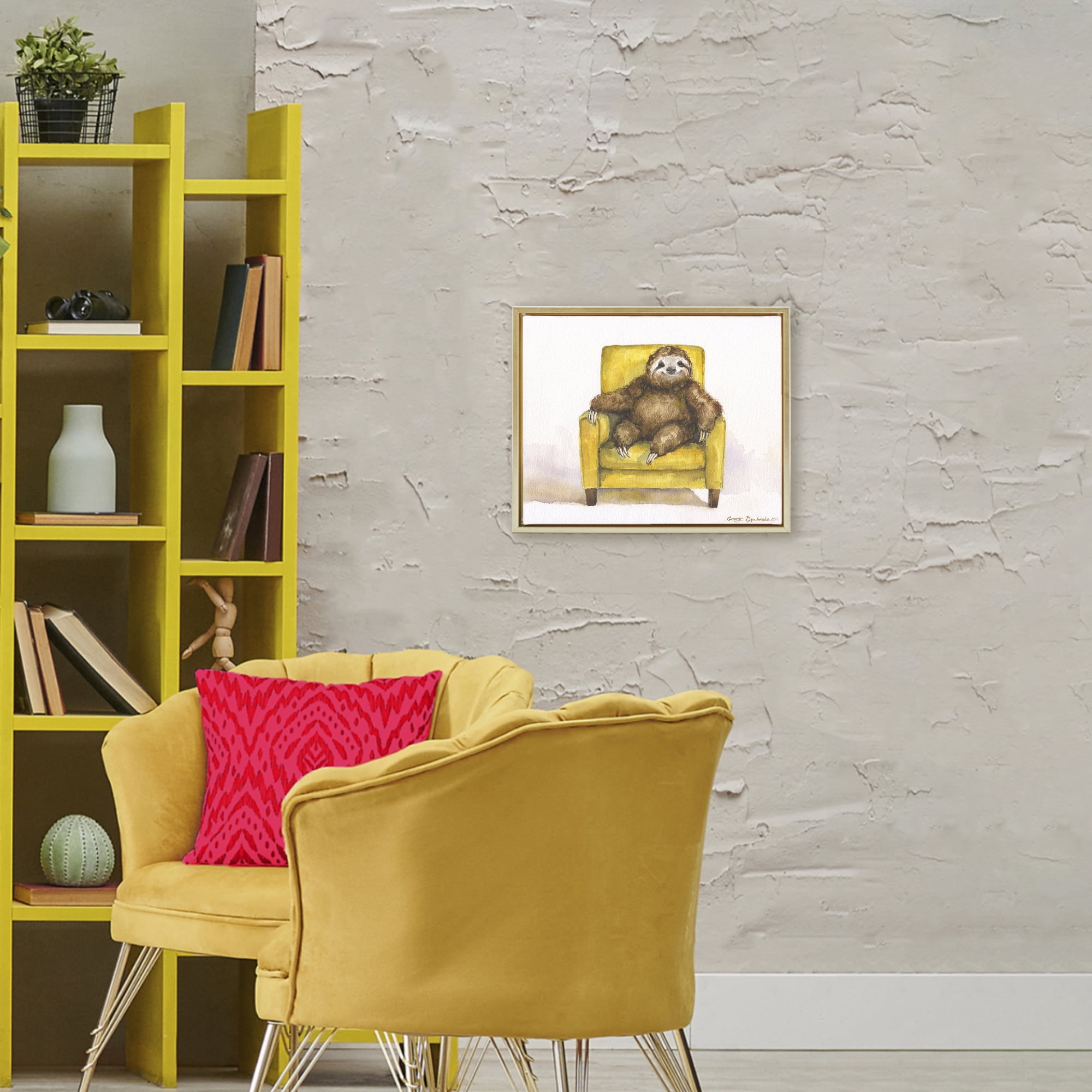 Stupell Industries Happy Sloth Relaxing on Armchair Gold Framed Floater Canvas Wall Art, design by George Dyachenko