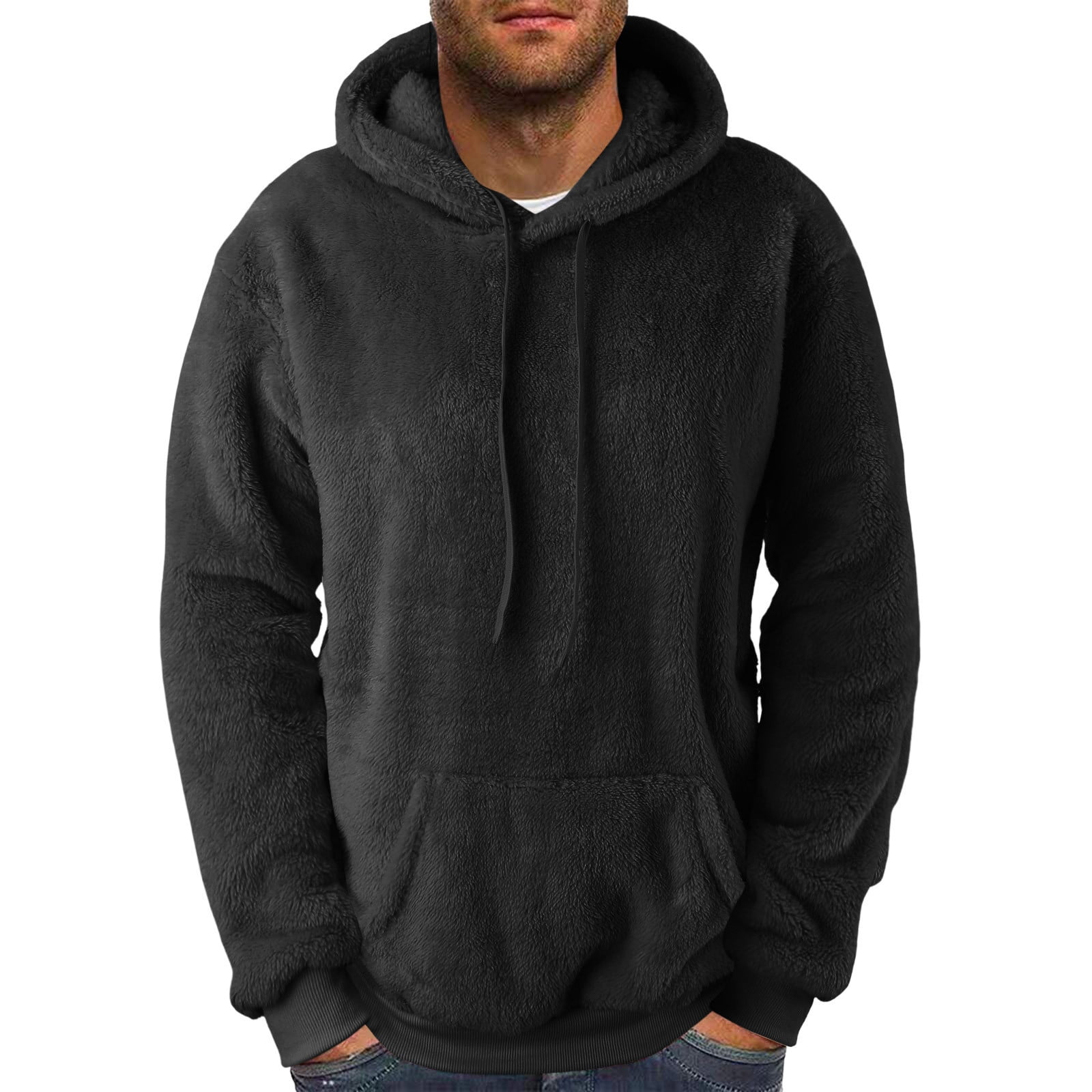S-5X Mens Big & Tall Hoodies with Front Pocket Plus Size Pullover Fleece Sweatshirts Long Sleeve Solid Color Thermal Warm Sherpa Hooded Tops