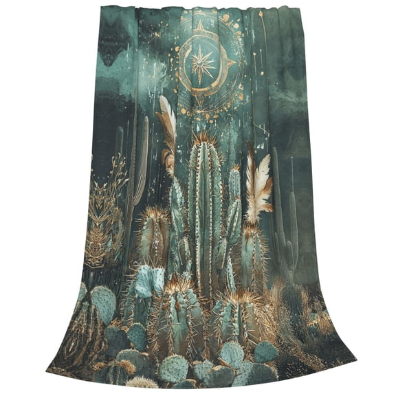Mystical Desert Botanical Flannel Fleece Throw - Boho Star Mandala Cactus Blanket for Living Room Bed, Eclectic Decor 50x40