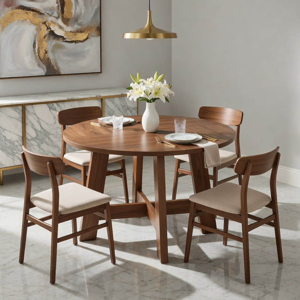 Hommoo 47 Inch Round Dining Table for 4-6 People, Modern Kitchen Table with Reinforced Cross Brace Base, Sturdy MDF Construction, Walnut