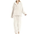 thumbnail image 2 of BiZtdJrK Women Plush Pajama 2 Piece Set Turndown Collar Long Sleeve V Neck Pullover Tops and Jogger Pants Lounge Sets Sherpa Fleece Solid Casual Winter Outfits Beige S, 2 of 4