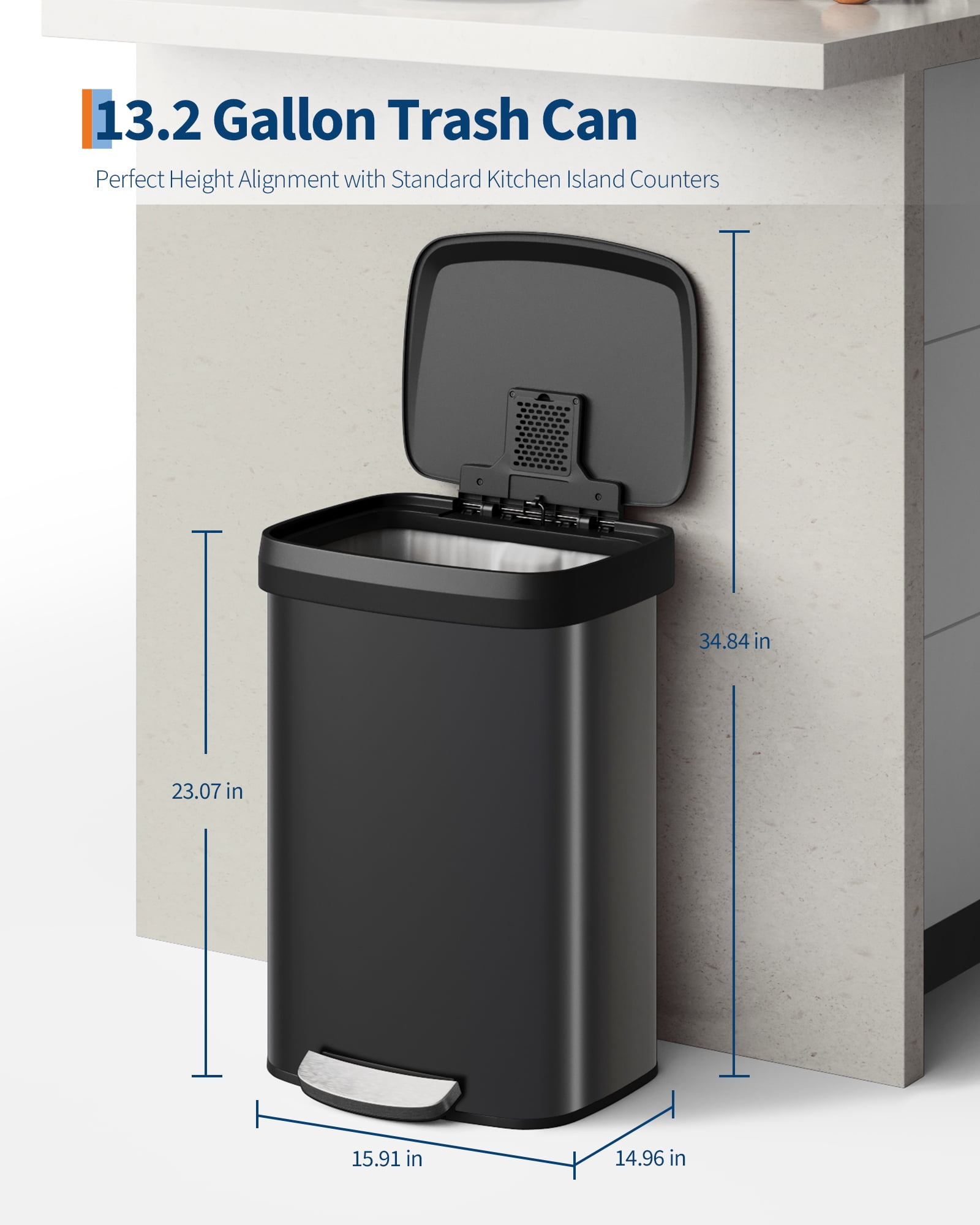 Hands-Free Step-On Kitchen Trash Can, 13 Gallon/50L – Rustproof Black Metal Garbage Bin with Soft Close Plastic Lid, Odor Control, Liner Rim, Rear Handle – Black
