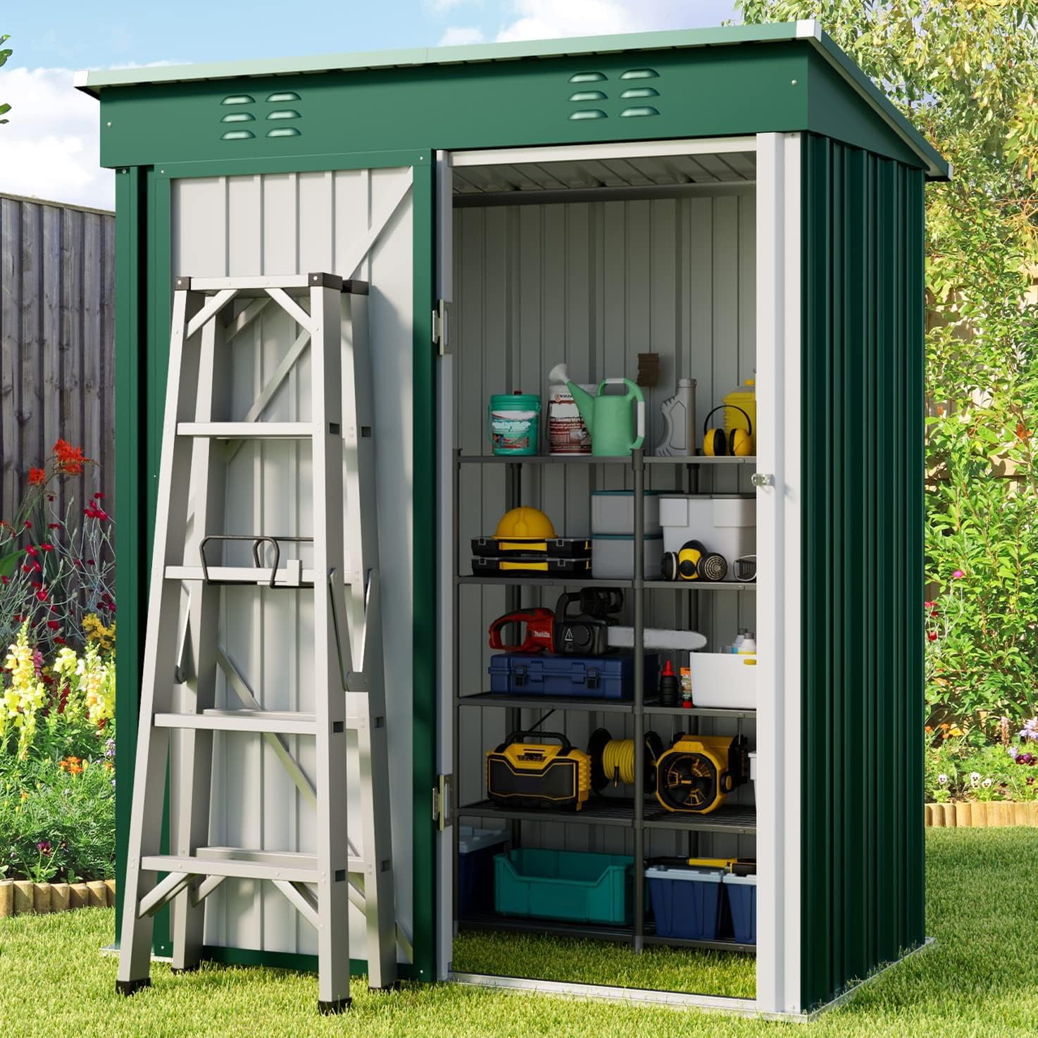 【Shed Deal】Lofka 5x3 Ft Outdoor Metal Shed - Weatherproof Lockable Storage for Tools & Bikes, Includes Anti-Theft Lock & Ventilation,Green