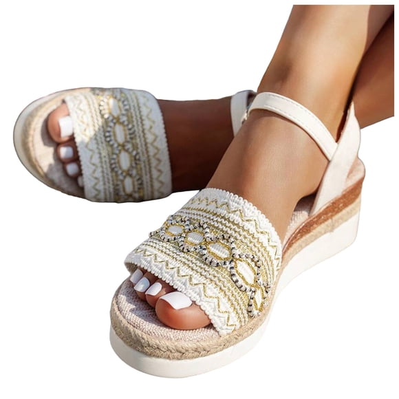 Womens Bohemian Wedge Sandals with Ankle Strap Comfortable Platform Dress Shoes Casual Non Slip Walking Sandal Beige Size 6.5