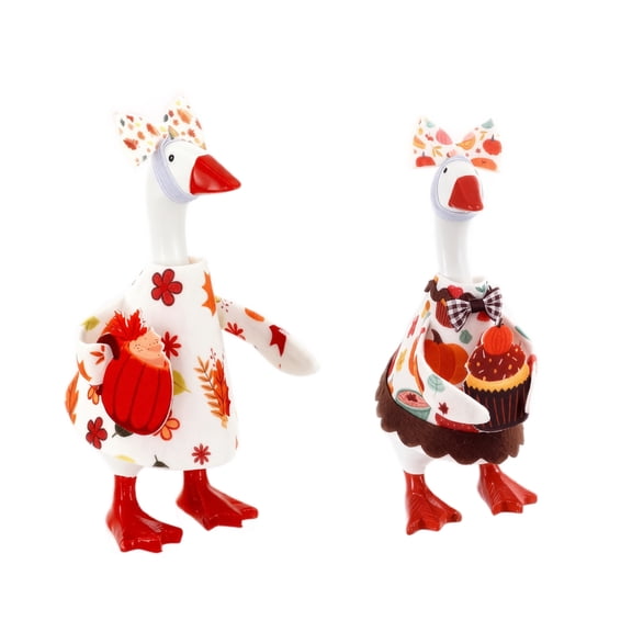 Fall Goose Outfits for Porch Goose with Pumpkin and Cupcake Prints, Set of 2 7-Inch White and Red Autumn Pattern Figurines for Indoor Home Decor