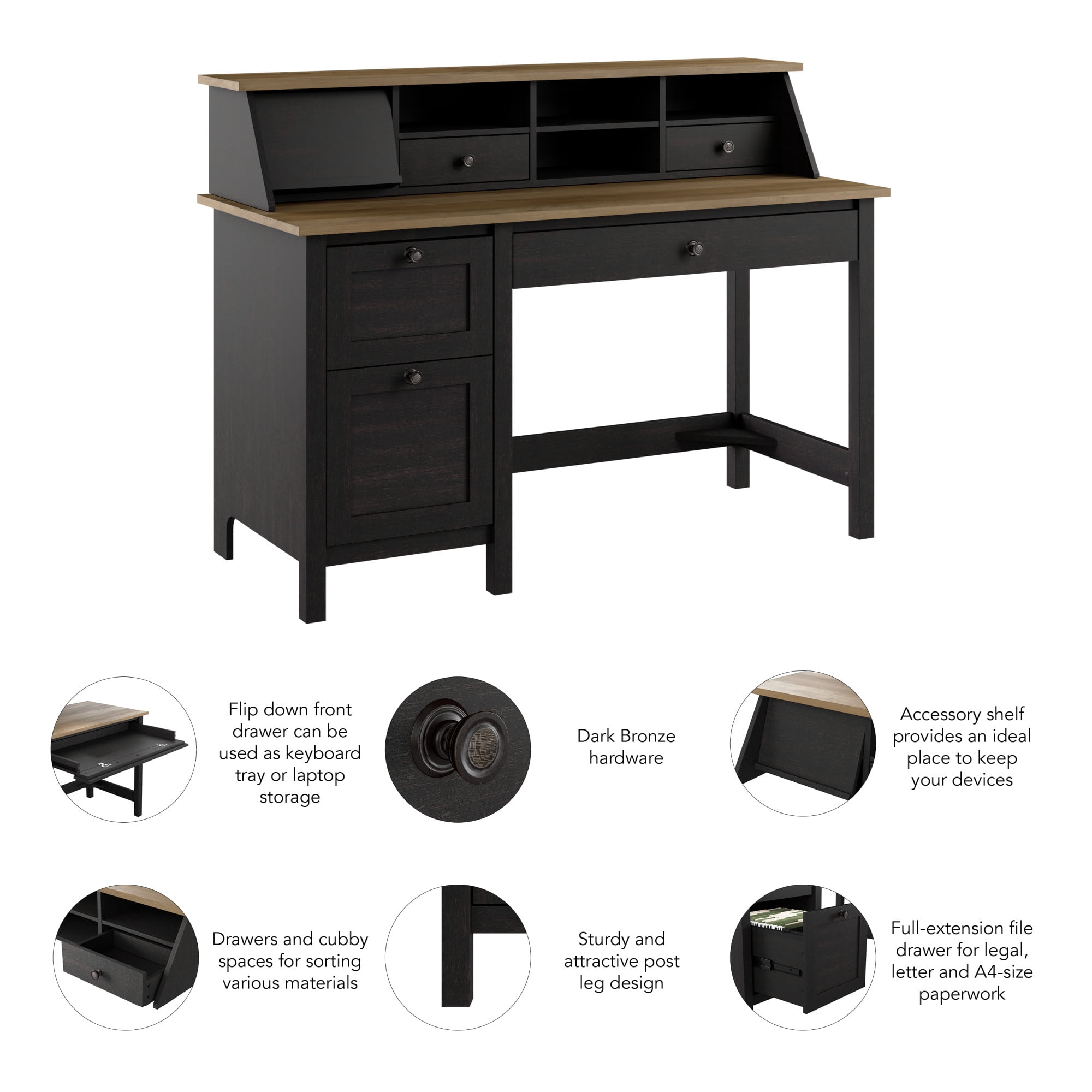 Mayfield 54W Computer Desk with Organizer in Vintage Black and Mayfield 54W Computer Desk with Organizer in Vintage Black and
