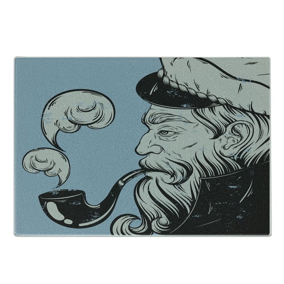 Vintage Nautical Tattoo Cutting Board, Grunge Old Seaman Smoking Pipe, Decorative Tempered Glass Cutting and Serving Board, in 3 Sizes, by Ambesonne
