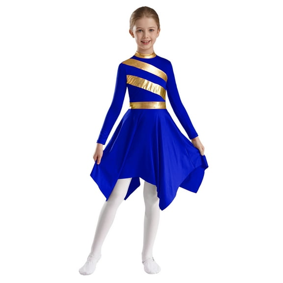 Kaerm Kids Girls Mock Neck Sequins Ballet Praise Lyrical Dance Dress Worship Liturgical Performance Blue 6