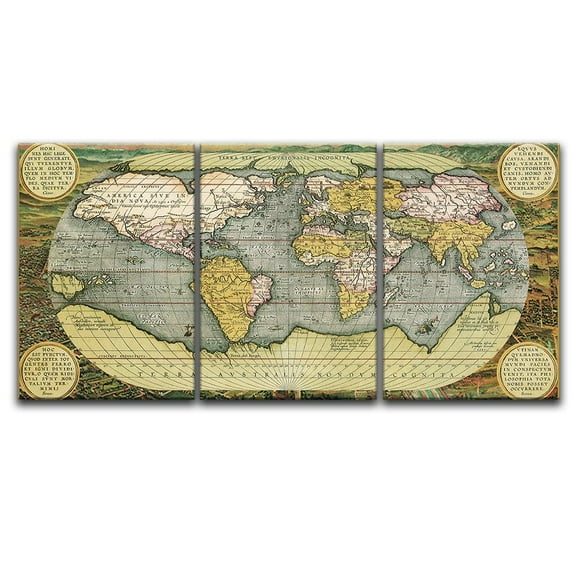 wall26 - 3 Panel Canvas Wall Art - Vintage World Map - Giclee Print Gallery Wrap Modern Home Art Ready to Hang - 24"x36" x 3 Panels