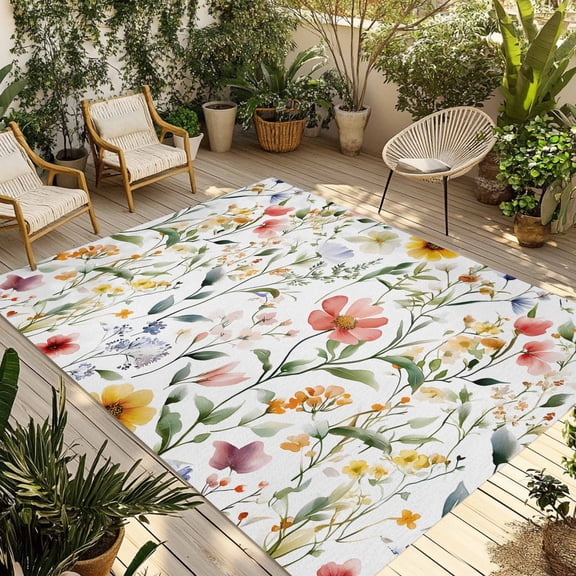Fsddascl Colored Flower Outdoor Rug for Patio/Deck/Porch, Non-Slip Large Area Rug 4 x 6 Ft, Green Leaf Aesthetics Pastel Spring Plant Indoor Outdoor Rugs Washable Area Rugs, Camping Rug Carpet